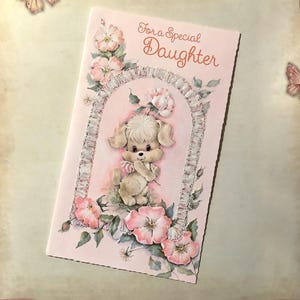 RARO biglietto d'auguri vintage degli anni '80 circa "Per una figlia speciale" - ADORABILE design kitsch con un pizzico di glitter - Versi dolci - Amante dei cani