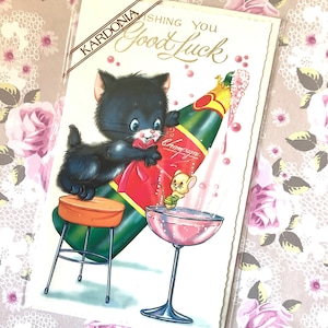 ZELDZAME vintage kaart 'Ik wens je veel geluk' uit circa jaren 1970 - superleuke retro kat giet champagne en muisontwerp - ongebruikelijk, Kitsch Kitty-kaart