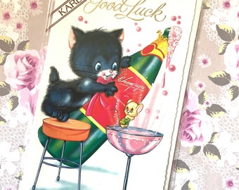 RARE Vintage Circa 1970s 'Wishing You Good Luck' Card - Super Cute Retro Cat Pouring Champagne  & Mouse Design  - Unusual, Kitsch Card