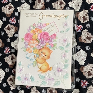 RARO cartão de aniversário vintage 'Neta', tamanho grande, da década de 1980 - ADORÁVEL design de gato e flores - Versículo doce dentro - Estilo tradicional