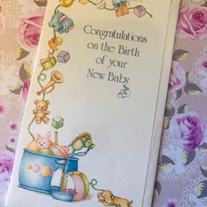RARE carte vintage/rétro vers les années 1970 « Félicitations pour la naissance de votre nouveau bébé » - design mignon - joli couplet sentimental - amateurs de rétro