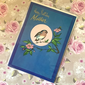 Cartão "Feliz Aniversário, Mãe", vintage, extremamente raro e sem uso, da década de 1960 - Design de pássaro de jardim - Verso sentimental - Mãe vintage/que ama pássaros