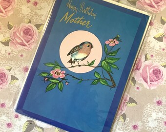 EXTREMELY Rare Unused Vintage Circa 1960s &#39;Happy Birthday Mother&#39; Card - Garden Bird Design - Sentimental Verse - Vintage/Bird Loving Mother