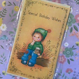 SELTENE Vintage/Retro Circa 1970er Jahre 'Special Birthday Wishes' Karte -Süßer kleiner Junge & Hund Design -Süßer Gruß - Vintage Liebhaber- Nostalgische Karte