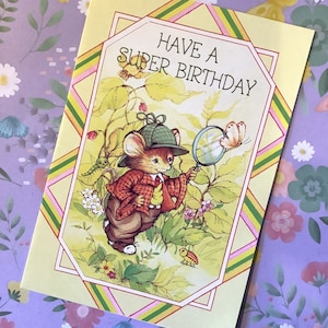 RARE Circa 1980s Vintage/Retro 'Have A Super Birthday' - Bonito design de mouse estilo 'Sherlock Holmes' - Cartão de amigo amoroso vintage/retro