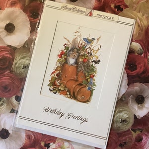 RARE vintage Circa 1970s 'Birthday Greetings' Card with ADORABLE Squirrel, Bird, Fruit and Floral Design - Blank Card - Card To Treasure