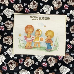 RARE Vintage Circa 1960s 'Birthday Wishes Grandson' Tarjeta grande ADORABLE Lindo diseño para niños y bebés - Verso dulce - Una tarjeta para atesorar