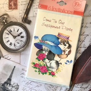 Fabulous Vintage/Retro Circa 1970s 'Engagement Party' Pack of 6 Invitations with Envelopes -Retro/Kitsch 70s Dogs, Floral & Bluebirds Design