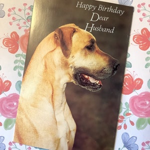 Vintage/rétro vers les années 1970 « Happy Birthday cher mari » carte photo dogue allemand - carte nostalgique - carte rétro/Dog Loving Husband - vers doux