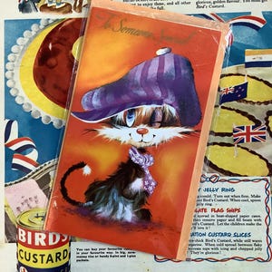 ZELDZAME vintage retro verjaardagskaart uit circa jaren 1970 'Voor iemand speciaal' met kitsch Big Blue Eyed Cat in a Hat Design - eenvoudige groet - nostalgie