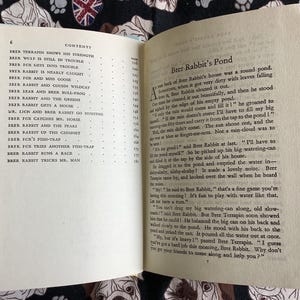 May include: Open book with text on aged paper. The left page lists a table of contents, including titles like "Brer Rabbit and the Greens." The right page features the story "Brer Rabbit's Pond."