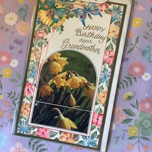 RARE Vintage Circa 1970s 'Happy Birthday dear Grandmother' Card - Pretty Daffodil Photo Card with STUNNING Floral & Butterfly Border