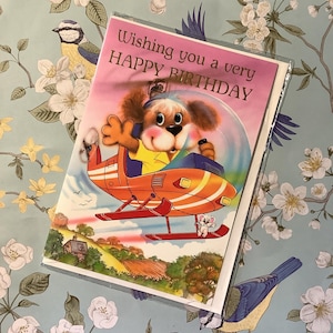 RARE vintage/rétro vers les années 1980 carte non écrite « Je vous souhaite un très joyeux anniversaire » Mignonne « pilote d'hélicoptère » chien - vers doux - nostalgie