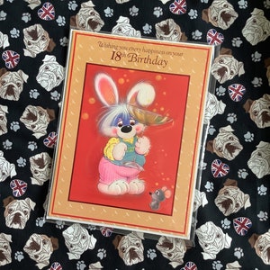 Cartão RARO grande vintage/retro por volta dos anos 1970 "Desejando a você toda a felicidade no seu 18º aniversário" - Design kitsch/coelho fofo - Cartão retrô para amantes