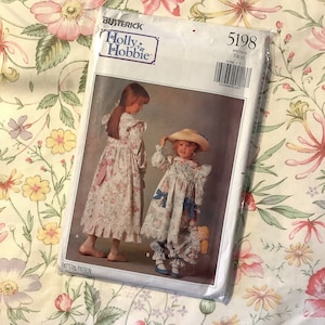 VERY Rare Vintage Uncut 1990 Butterick Pattern 5198 Children&#39;s/Girls/Dolls Holly Hobbie Dress,Petticoat, Pants Sizes 7, 8 & 10 and Transfers