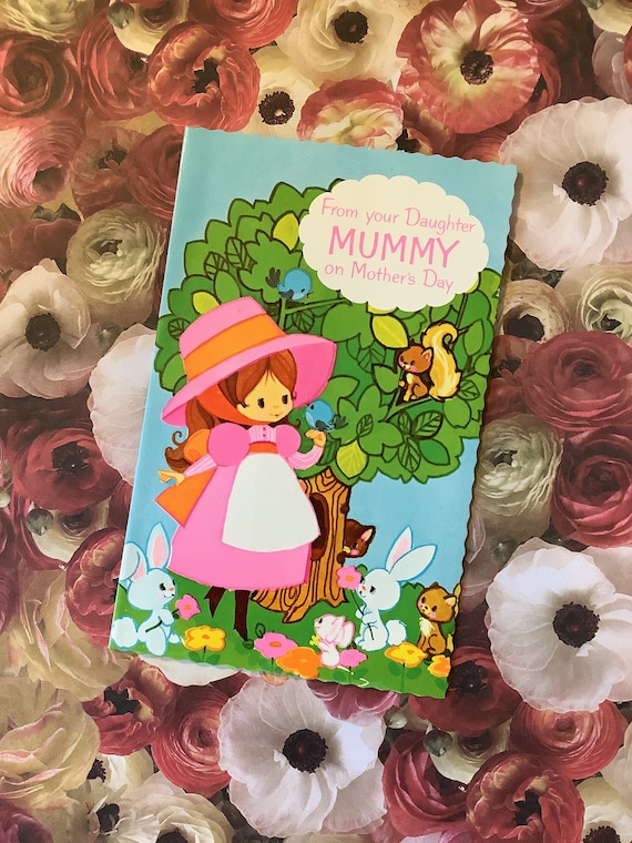 Extremely RARE Vintage 1970s Raphael Tuck 'From your Daughter Mummy on Mother's Day' Card -Cute Holly Hobbie Style Girl Design - Sweet Verse