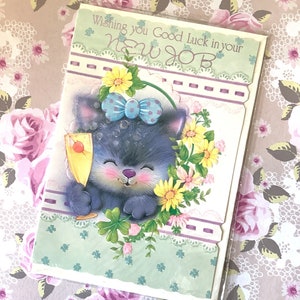 "Seltene Vintage Circa 1970er Jahre ""Wancing you Good Luck in your New Job"" Karte - Super süße Retro Katze mit Cocktail-Design!"  Schöne Karte