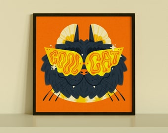 Cool Cat Art Print | Digital Illustration | Printable Wall Art | Pet Lover Gift | Affordable Wall Art | Black Cat