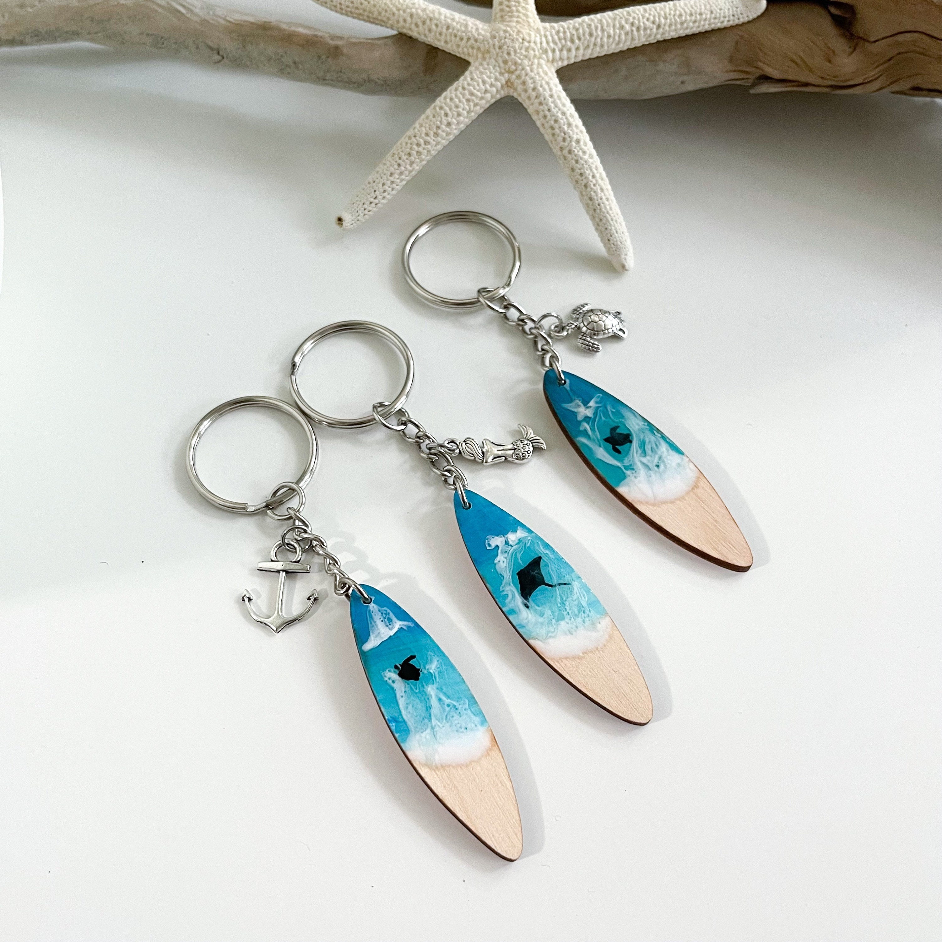 Hand painted surfboard keychain with charm ocean inspired Etsy