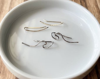 Minimalist Ear Climbers, Wave Earrings, Gold Ear Climbers, Rose Gold Ear Crawler Earrings, Sterling Silver, Gold Hammered Earring