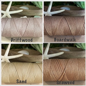 May include: Four spools of waxed cotton cord in different shades of brown. The colors are labeled "Driftwood", "Boardwalk", "Sand", and "Seaweed".
