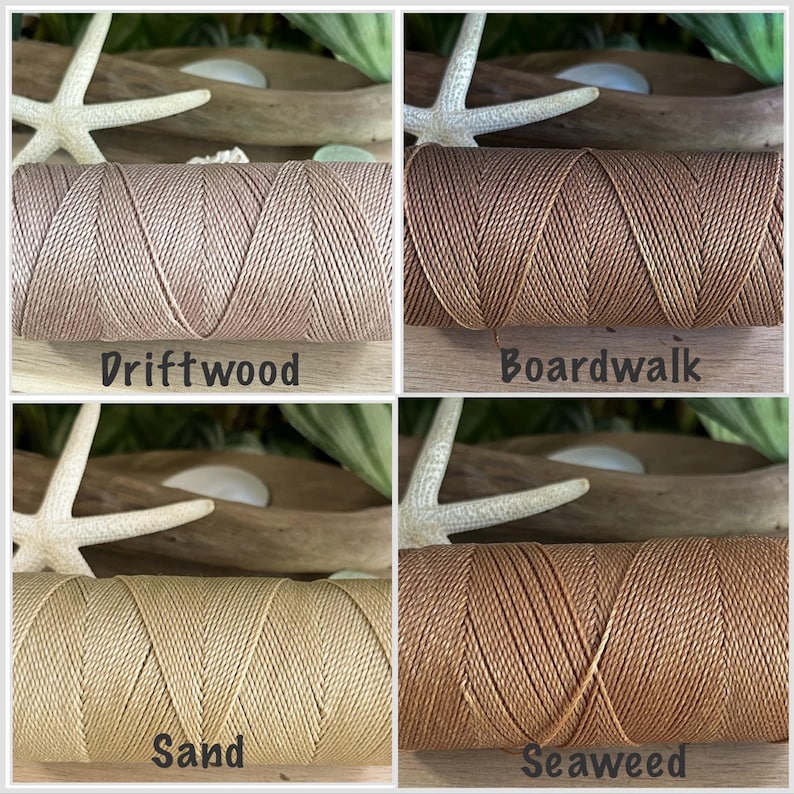 May include: Four spools of waxed cotton cord in different shades of brown. The colors are labeled "Driftwood", "Boardwalk", "Sand", and "Seaweed".