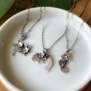 Handmade sterling silver floral sea turtle, manatee, sea horse necklace, artisan jewelry, charm necklace, gifts for her, layering necklace