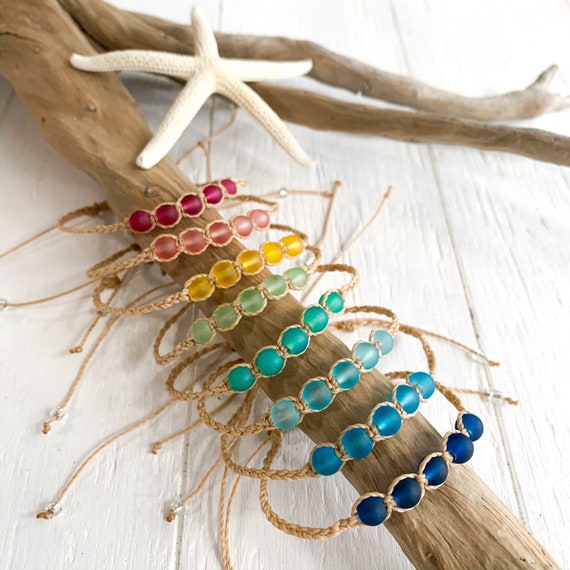Sea glass beaded anklet or bracelet, boho jewelry, waxed cord anklet, beach nautical anklet, recycled glass jewelry, cultured sea glass