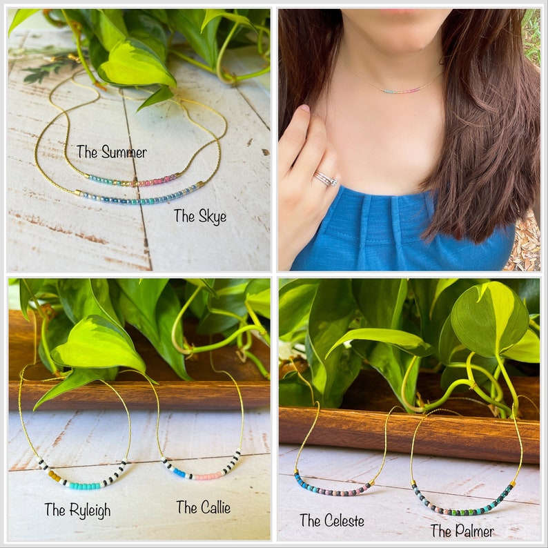 May include: Five gold necklaces with different colored beads. The necklaces are labeled "The Summer", "The Skye", "The Ryleigh", "The Callie", and "The Celeste".