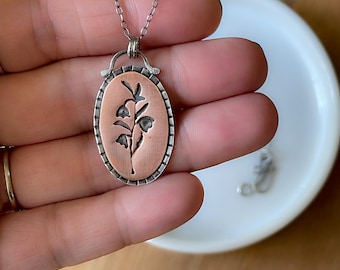 Mixed Metal Bell Flower Necklace, Sterling Silver and Copper Necklace, Botanical Pendant