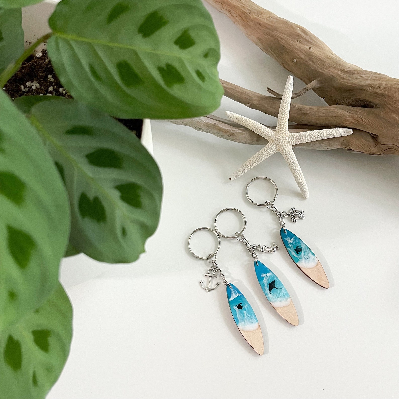 Hand painted surfboard keychain with charm ocean inspired Etsy