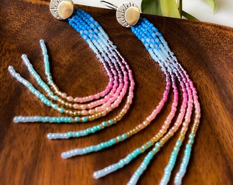 Pre Order, Sunrise silver beaded earrings, fringe earrings, beadwork earrings, artisan made earrings, convertible handwoven earrings