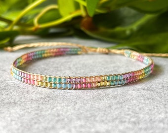 The “Sunny” Bead Loom Bracelet, Seed Bead Bracelet, Adjustable Boho Bracelet, TOHO beaded bracelet, Blue and Pink Seed Bead Jewelry