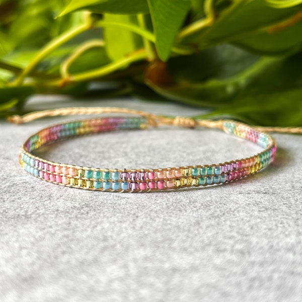 The “Sunny” Bead Loom Bracelet, Seed Bead Bracelet, Adjustable Boho Bracelet, TOHO beaded bracelet, Blue and Pink Seed Bead Jewelry