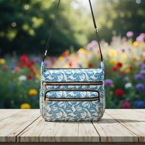 Blue Canvas Shoulder Bag Botanical Print Crossbody Multi-Pocket Organizer Purse Adjustable Strap Tote