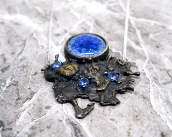 Colgante grande de plata de ley, colgante de piedra azul, regalo para ella, colgante de plata rústica, regalo para ella, colgante de declaración, joyería de plata,
