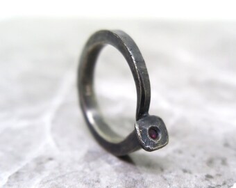 Oxidized Sterling Silver Ruby Ring: Brutalist Nail Design