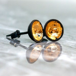 Sterling silver domed stud earrings, 24k gold leaf earrings, gift for her, contemporary earrings, minimalistic earrings, oxidized earrings