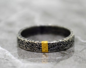 Hammered Oxidised Textured Silver & 24ct Gold Ring, Keum Boo Ring, Alternative Wedding Ring, Minimalist, gift for her, gift for him,