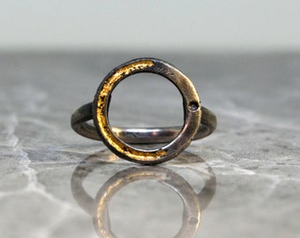Oxidized Sterling silver ring, 24k gold leaf ring, gift for her, round ring, Small CZ ring, textured ring, dainty ring, contemporary jewel