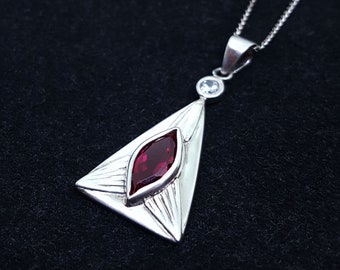 Sterling silver pendant, Silver jewellery, ruby pendant, gift for her, Triangular pendant, July birthstone, Marquise ruby necklace