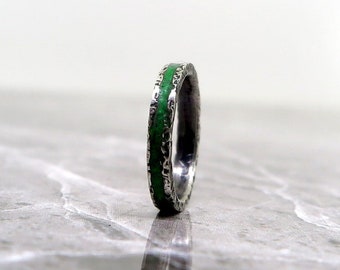 glow in the dark silver ring, gift for her, sterling silver ring, UV ring, emerald green inlay ring, green glow jewelry, neon glow ring