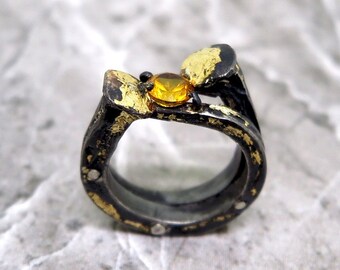 Handforged sterling silver ring with 24k gold leaf, gift for her, nail ring, oxidized ring, artisan ring, brutalist ring, statement ring