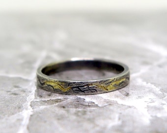 Sterling silver ring with 14k yellow gold, gift for her, gift for him, wedding band, engraved silver ring, oxidized ring, engraved ring