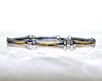 Handforged Sterling Silver Bracelet: 24k Gold Keum Boo, Texturized Artisan Jewelry
