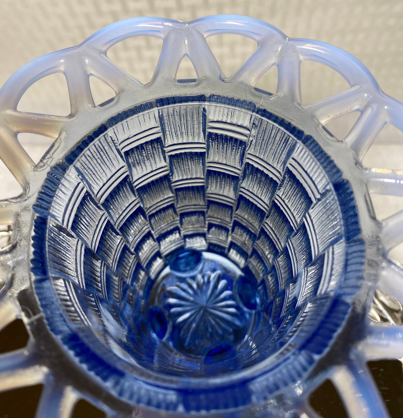 Fenton Blue Opalescent Basket Weave Open Lace Edge Footed Vase Etsy