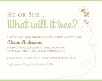 CUSTOMIZABLE He or She, What Will it Bee/Gender Reveal Baby Shower Invitation, DIGITAL FILE