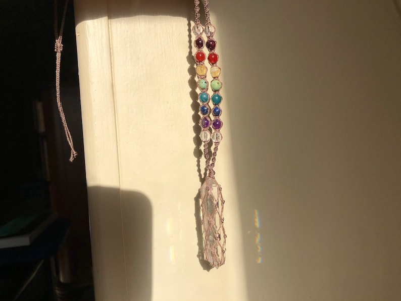 Chakra Macrame Necklace with Double Terminated Quartz hippie bohemian knotted braided