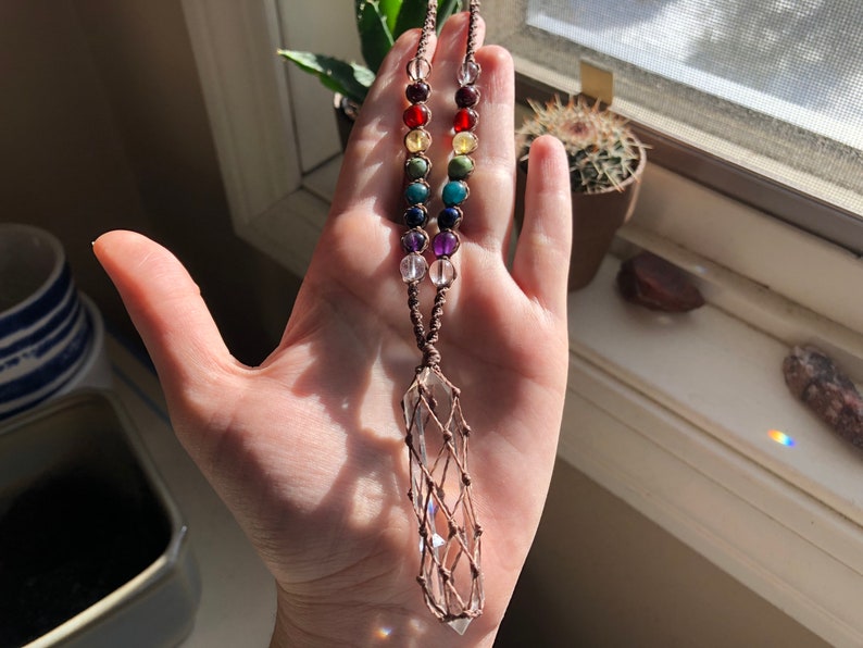 Chakra Macrame Necklace with Double Terminated Quartz hippie bohemian knotted braided