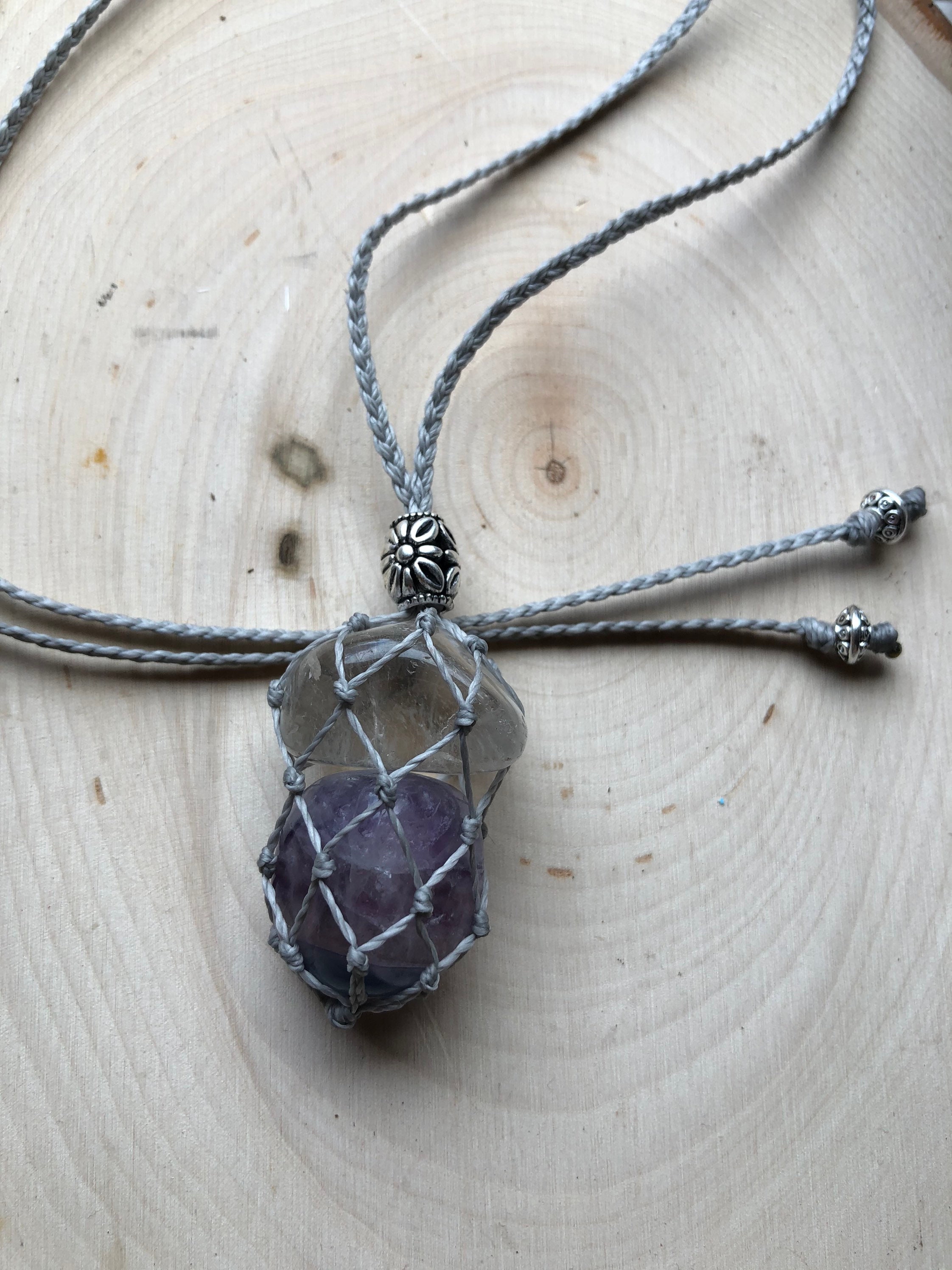 Gray Crystal Pouch Necklace / macrame / stone holder / Etsy